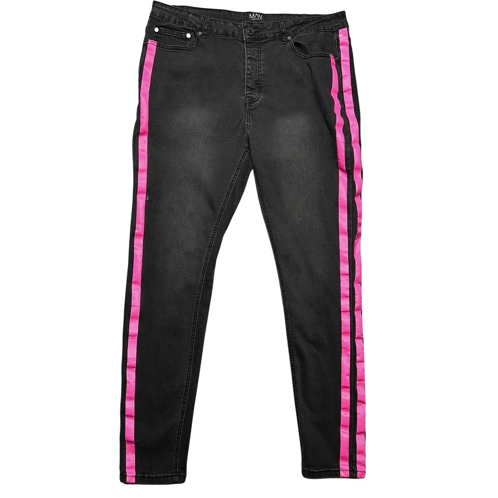 BoohooMAN Skinny‎ Jeans Mens 36x30 Black Cotton Pink Side Stripe Streetwear